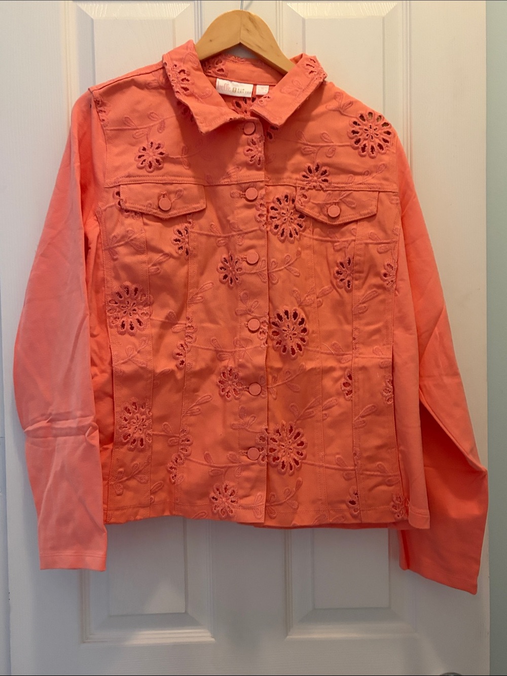Belle by Kim Gravel Coral Eyelet Floral Jean Jacket